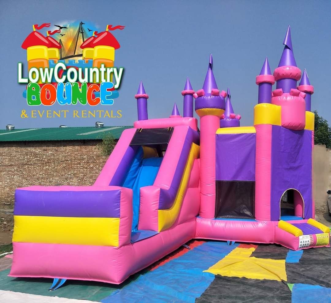 bounce house, castle, pink, purple, yellow