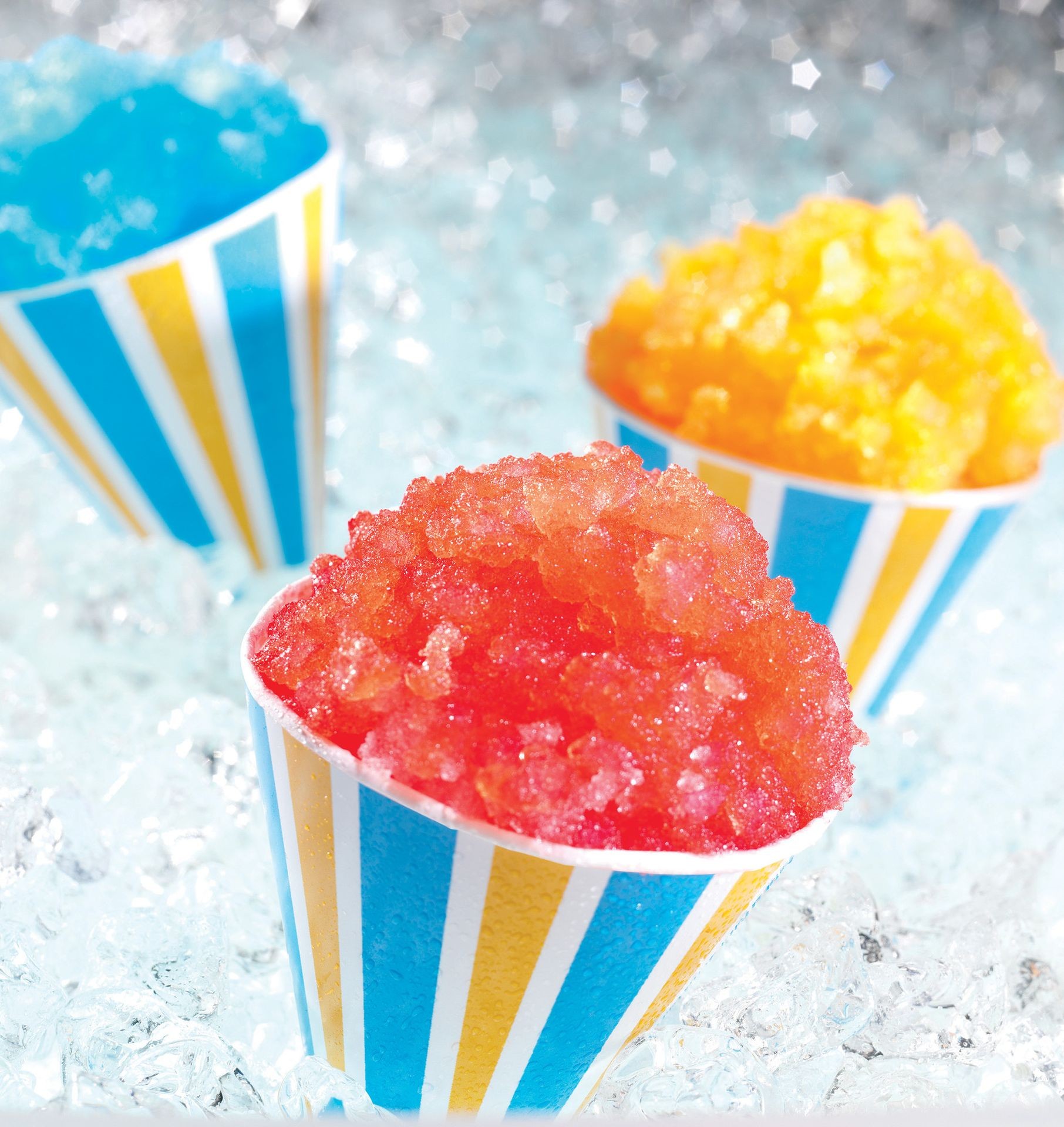 ice cones, red, blue, yellow